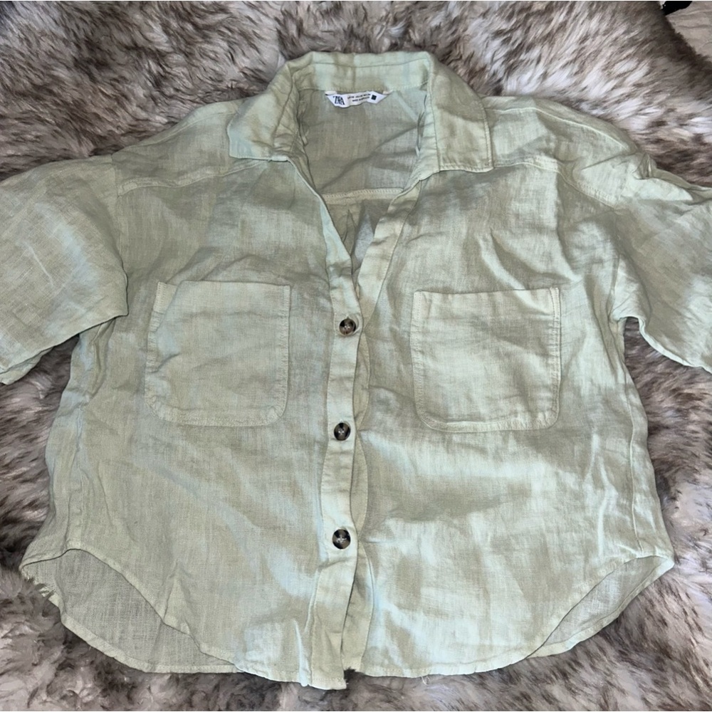 Zara Green Linen Button-Down Shirt